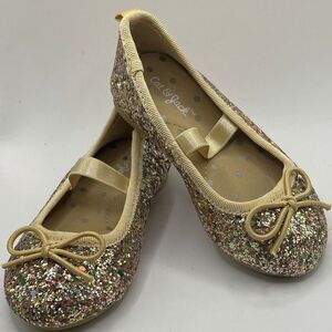 Cat & Jack Girls Size 5 Glitter Ballet Flats Gold Bow Sparkly Slip-On Dress Shoe